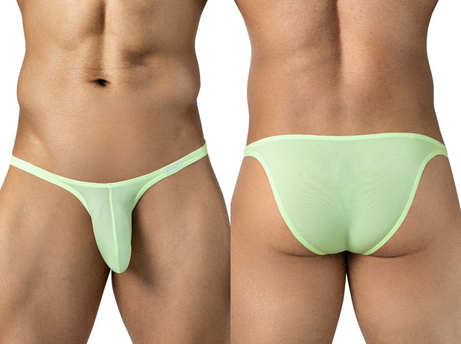 Front and back views of a model wearing neon green mesh briefs with thin side straps.