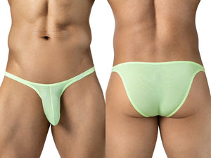 Front and back views of a model wearing neon green mesh briefs with thin side straps.