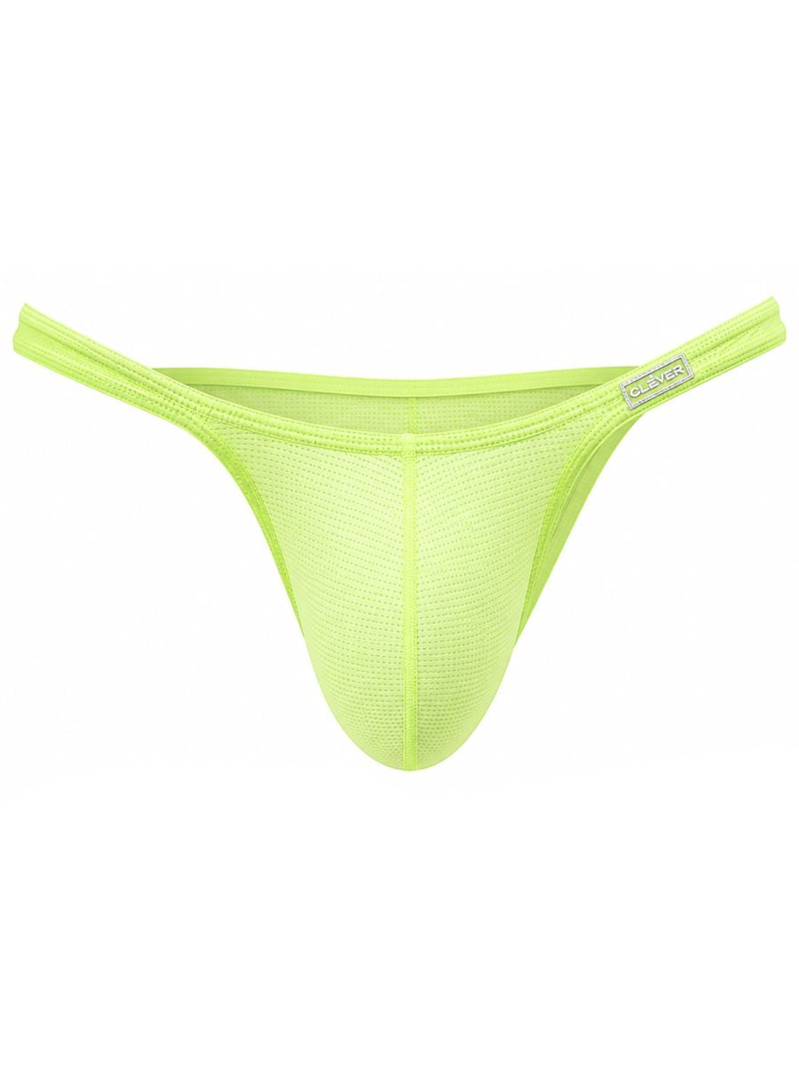 Neon green men's micro briefs with a textured mesh fabric and thin side straps.