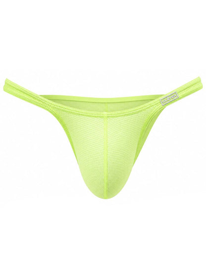 Neon green men's micro briefs with a textured mesh fabric and thin side straps.