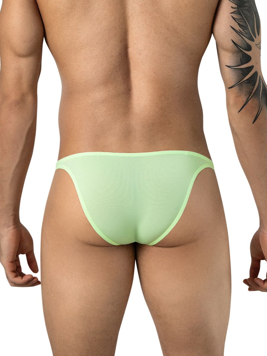 Rear view of a man wearing neon green ribbed briefs.