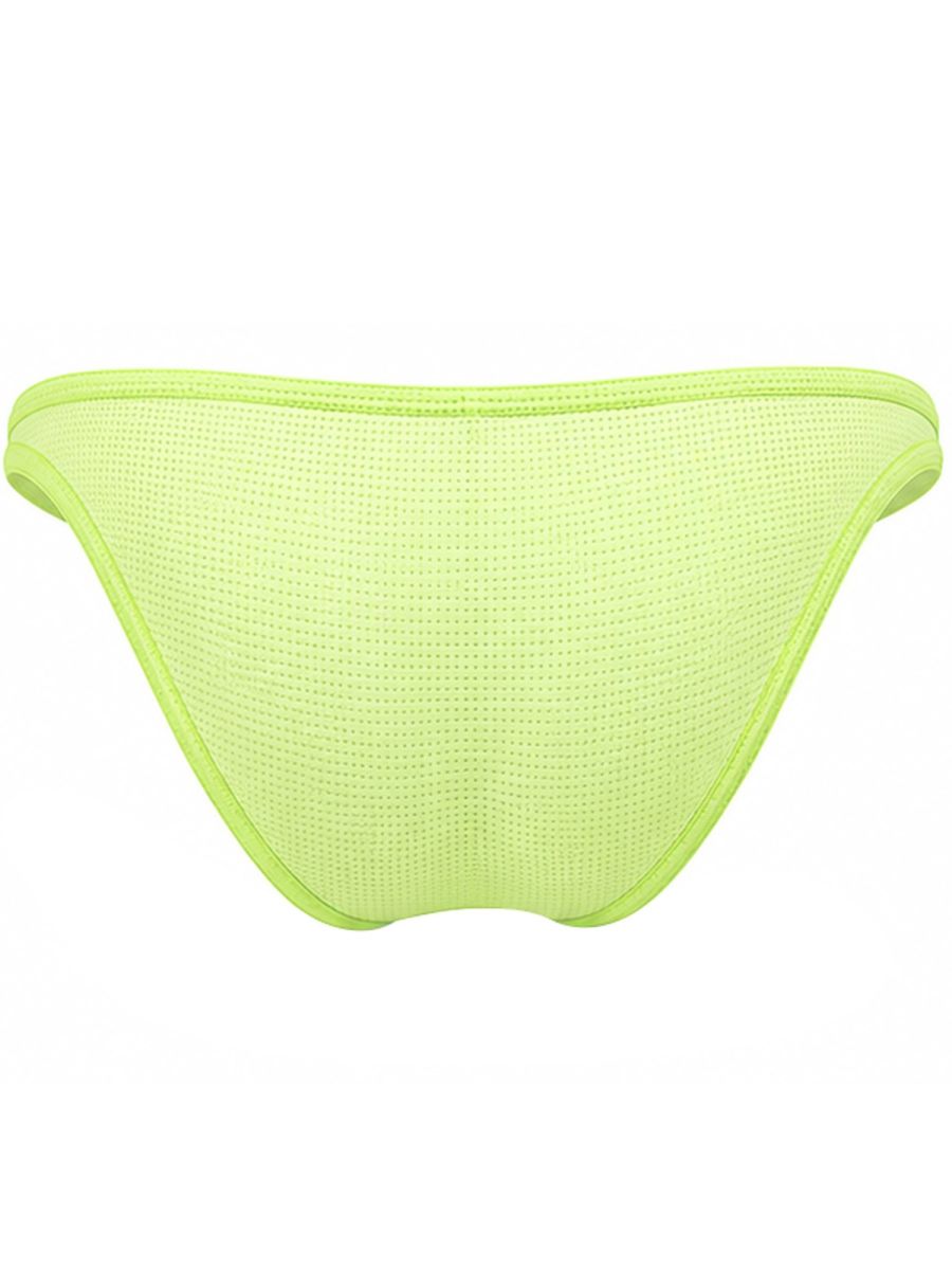 Neon green men's briefs seen from the back, featuring perforated mesh fabric.