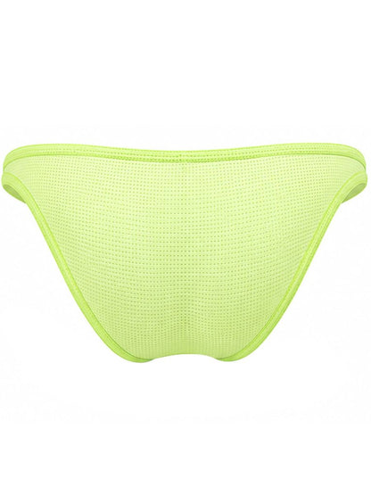 Neon green men's briefs seen from the back, featuring perforated mesh fabric.