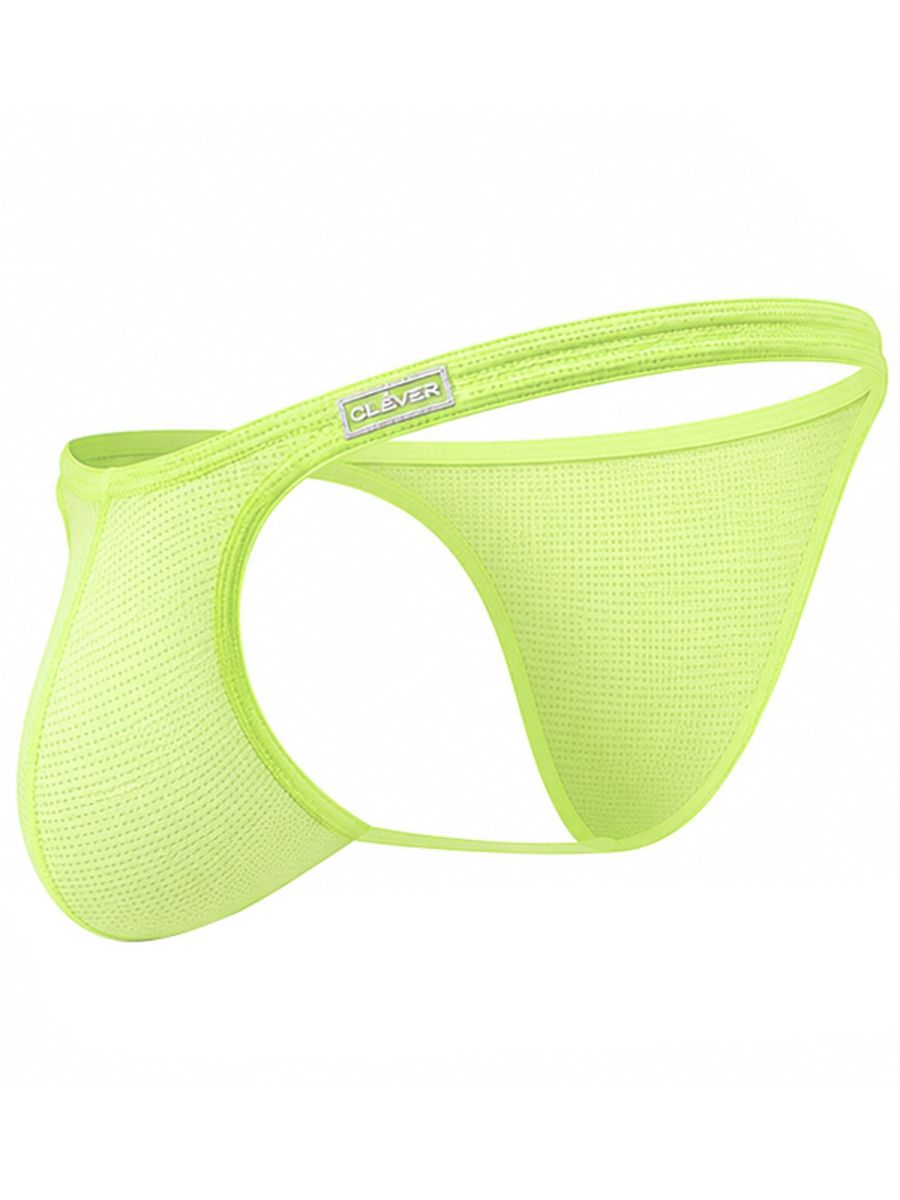 Neon green mesh athletic briefs with a minimal cutout design and branded waistband.