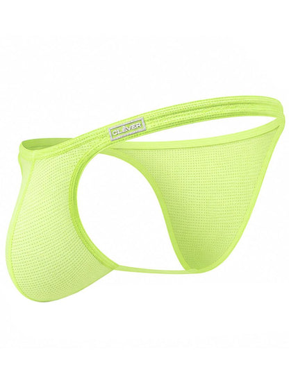 Neon green mesh athletic briefs with a minimal cutout design and branded waistband.