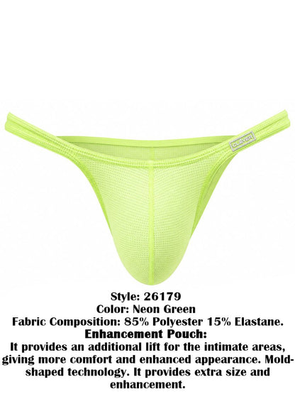 Neon green mesh men's briefs with a contoured pouch and thin waistband.