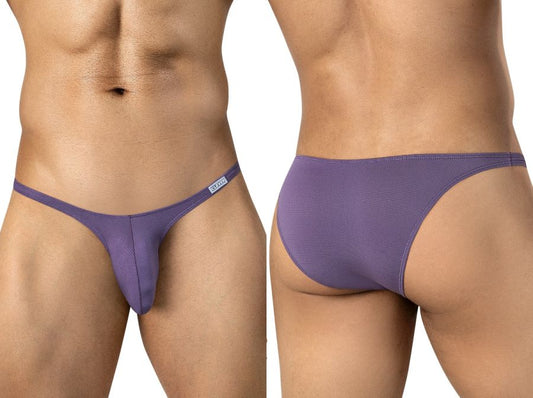 Front and back views of a man wearing lilac mesh briefs with ultra-thin sides.