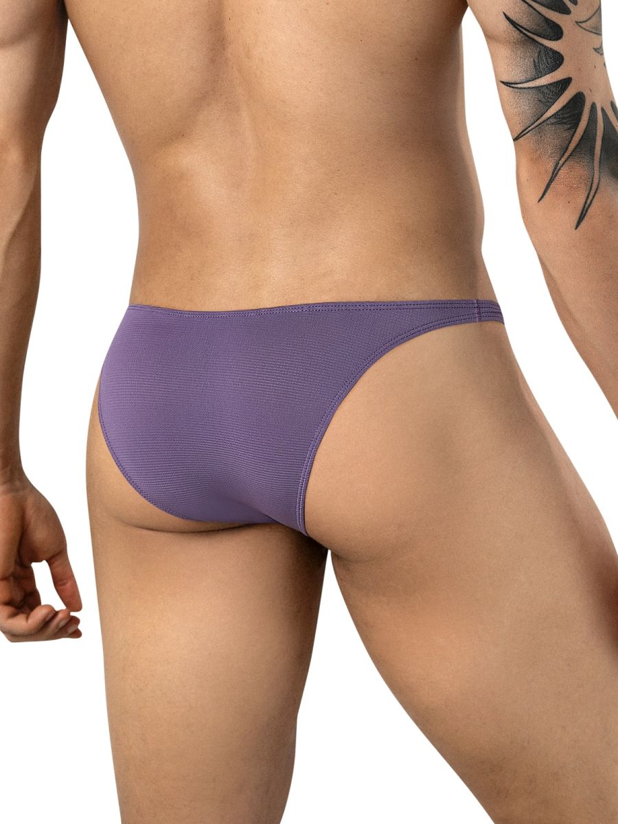 Rear view of a man wearing textured lilac briefs with thin side straps.