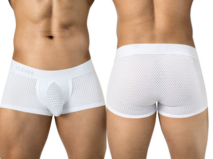 Front and back views of a man wearing white mesh trunks with a wide waistband.