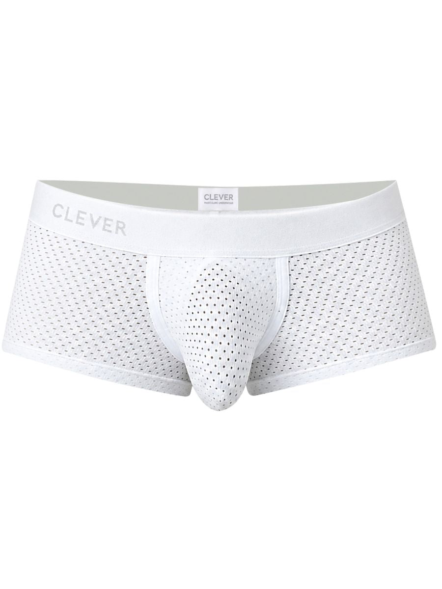 Clever Moda white mesh trunks featuring a contoured pouch and wide branded waistband.