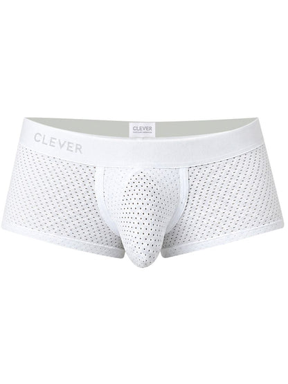 Clever Moda white mesh trunks featuring a contoured pouch and wide branded waistband.