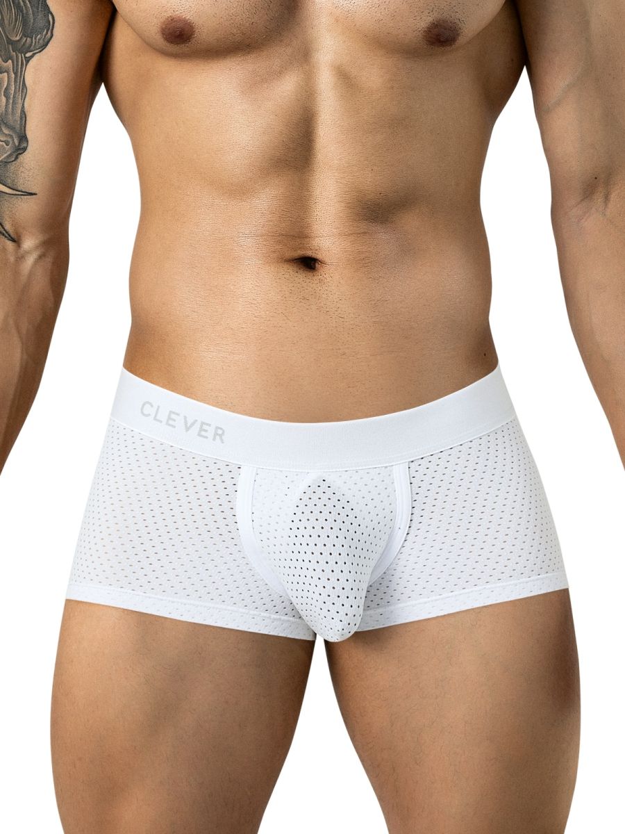 A man models white mesh trunks with a contoured pouch and wide branded waistband.