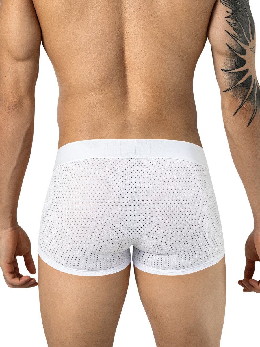 Rear view of a man wearing white mesh trunks with a wide waistband.