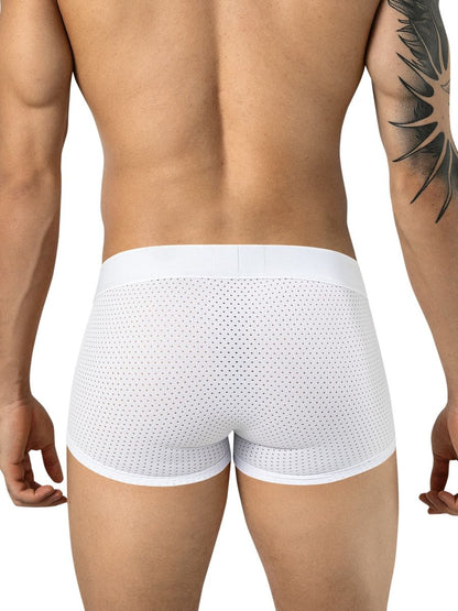 Rear view of a man wearing white mesh trunks with a wide waistband.