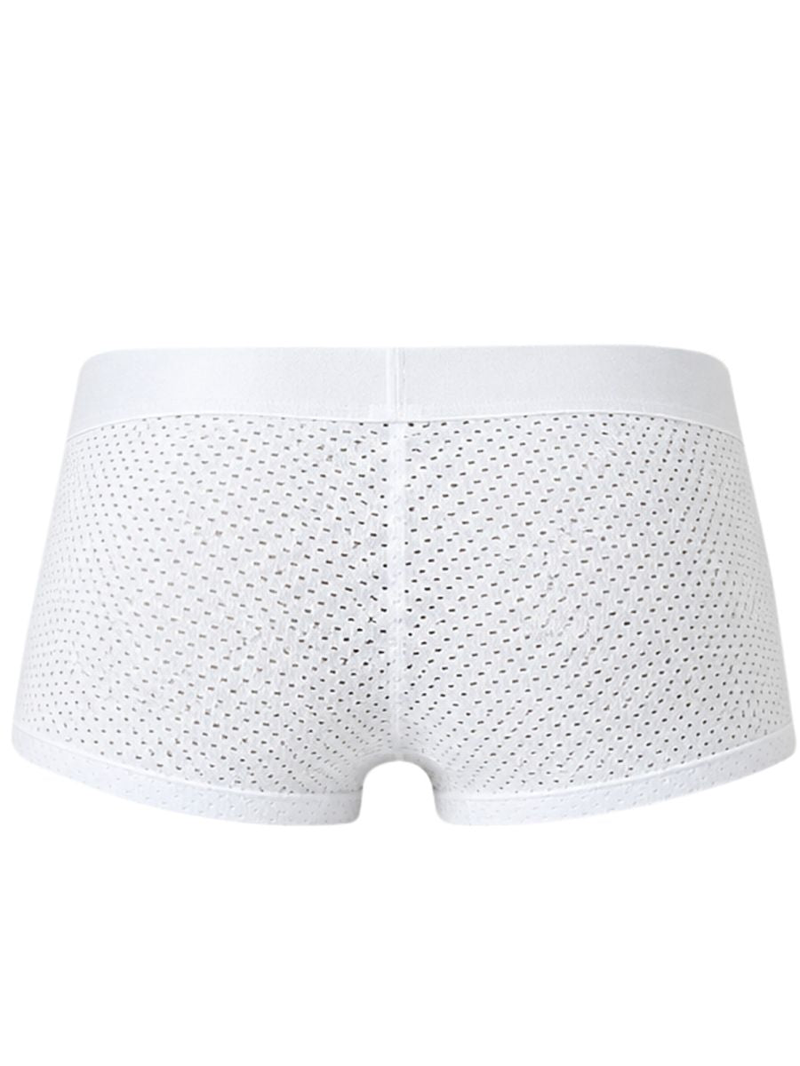 Back view of white mesh men's trunks with a solid waistband.