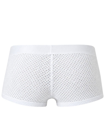 Back view of white mesh men's trunks with a solid waistband.