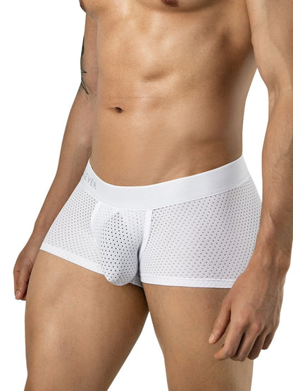 A man wearing white mesh trunks with a wide waistband and a form-fitting pouch.