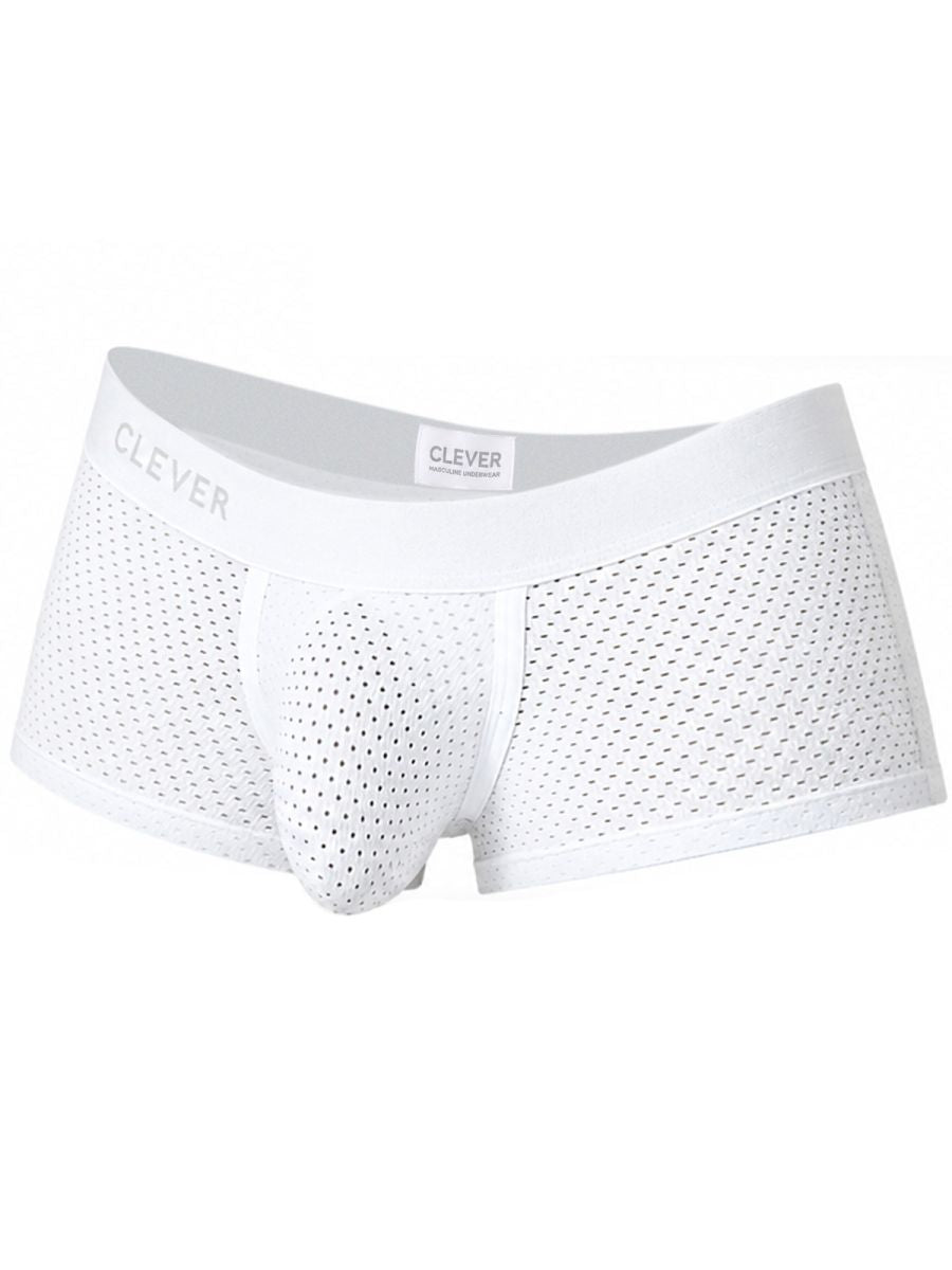 White mesh men's trunks with a contoured pouch and wide elastic waistband featuring the Clever logo.