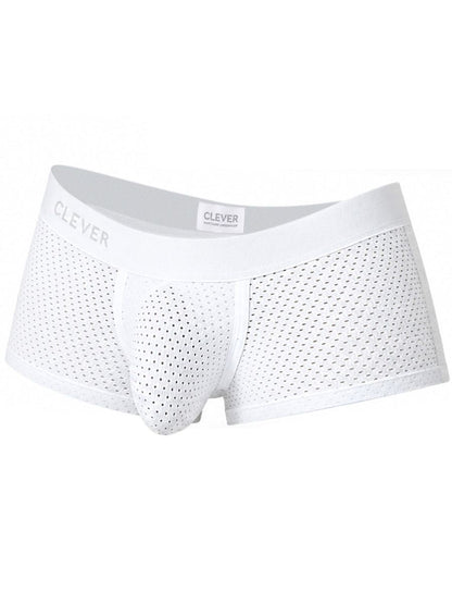 White mesh men's trunks with a contoured pouch and wide elastic waistband featuring the Clever logo.