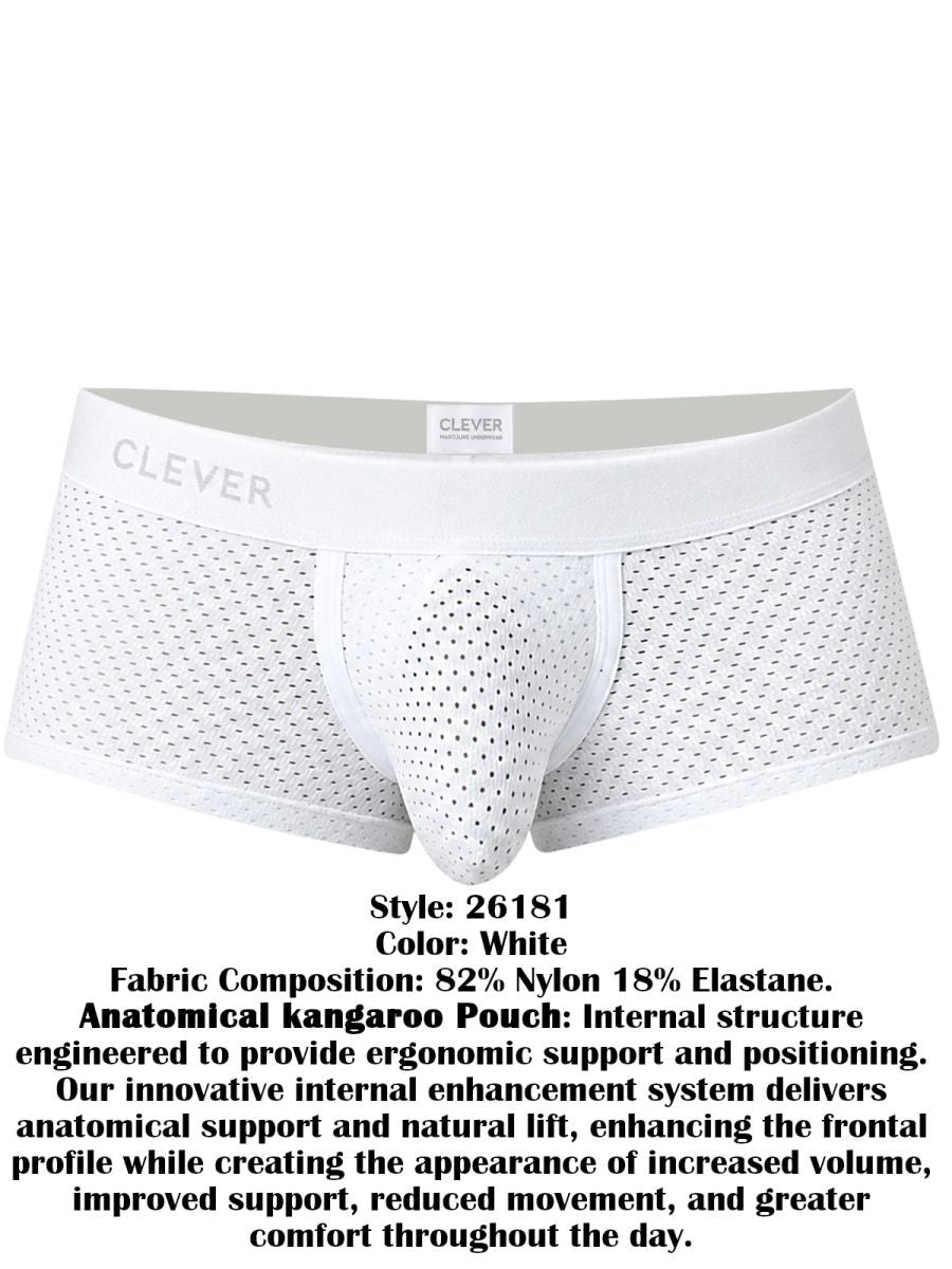 Clever Moda white mesh trunks featuring a contoured pouch and wide elastic waistband with the brand name.