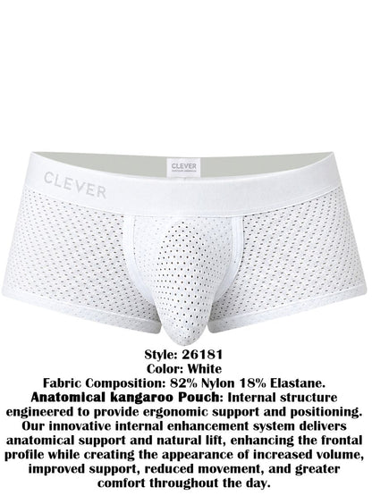 Clever Moda white mesh trunks featuring a contoured pouch and wide elastic waistband with the brand name.