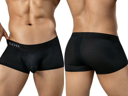 Front and back view of a man wearing black mesh trunks with a branded elastic waistband.