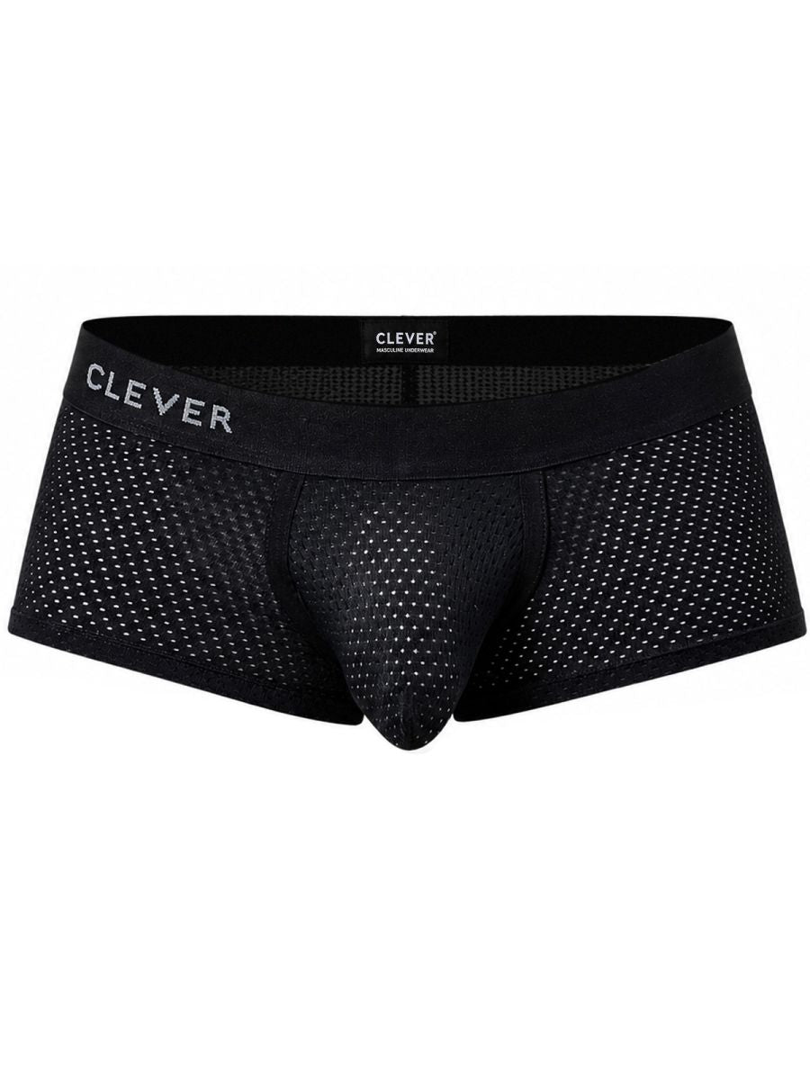 Black mesh men's trunks with a branded elastic waistband and contoured pouch.