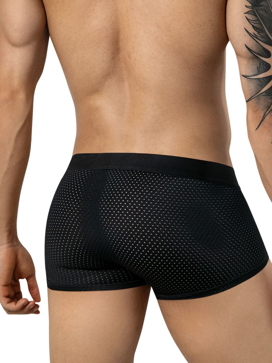 Rear view of a man wearing black mesh trunks with a solid waistband.