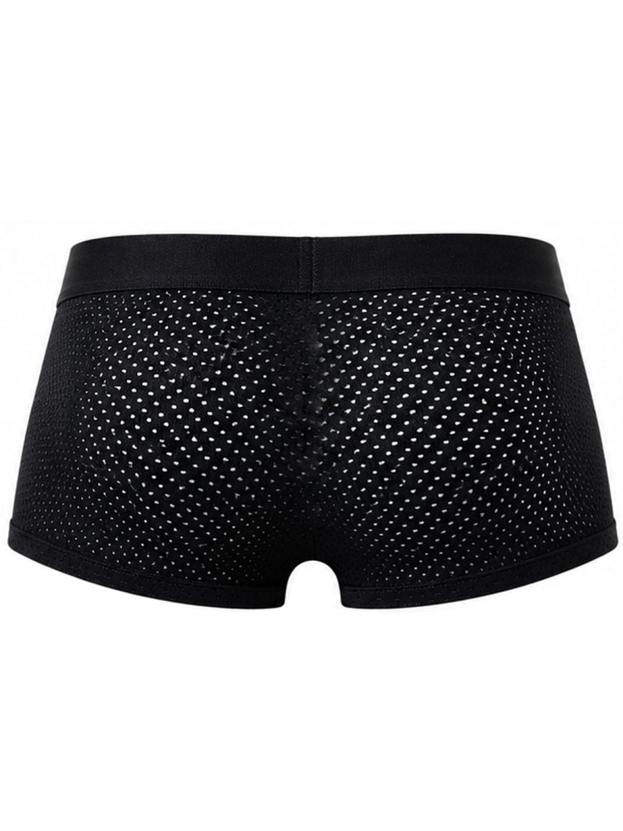 Back view of black mesh trunks with a wide waistband and micro-perforated texture.