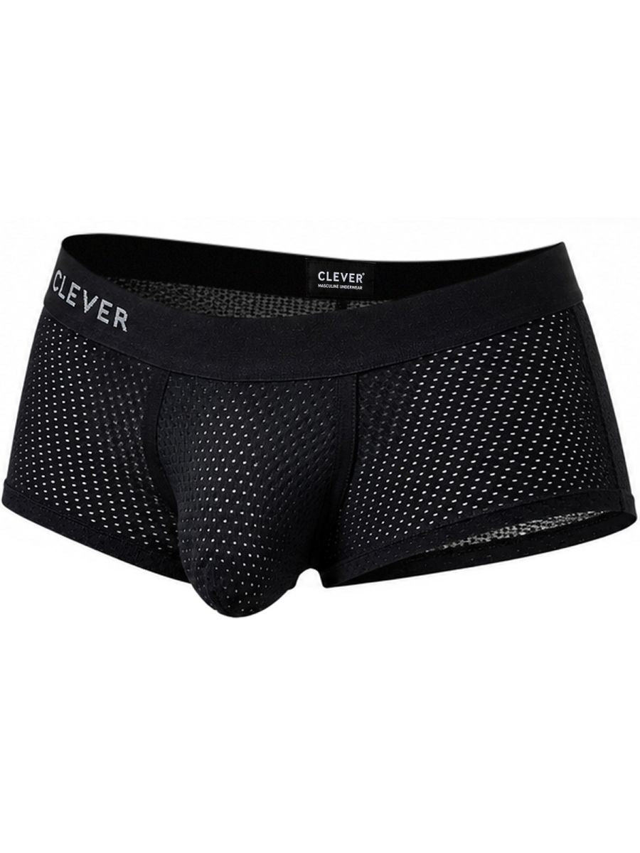 Black mesh men's trunks with a branded elastic waistband and contoured pouch.