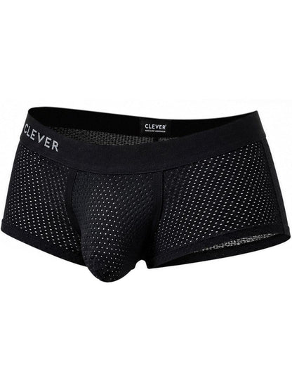 Black mesh men's trunks with a branded elastic waistband and contoured pouch.