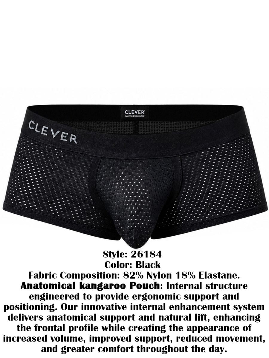 Black mesh men's trunks with a contoured pouch and wide branded elastic waistband.
