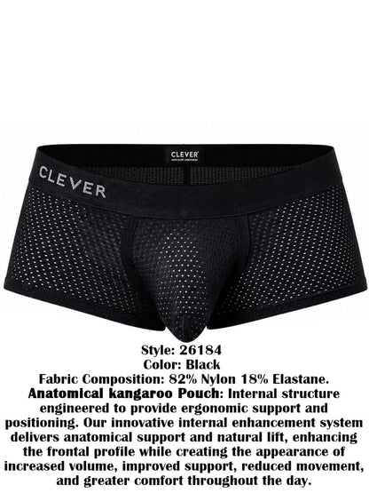 Black mesh men's trunks with a contoured pouch and wide branded elastic waistband.