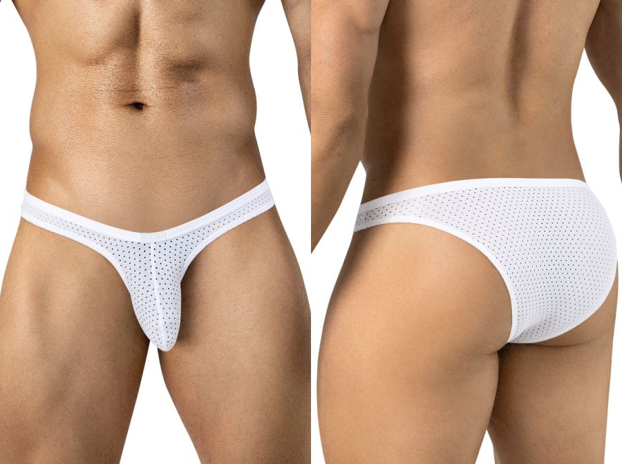 Front and back views of a model wearing white mesh low-rise briefs.