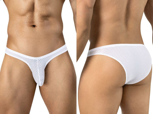 Front and back views of a model wearing white mesh low-rise briefs.