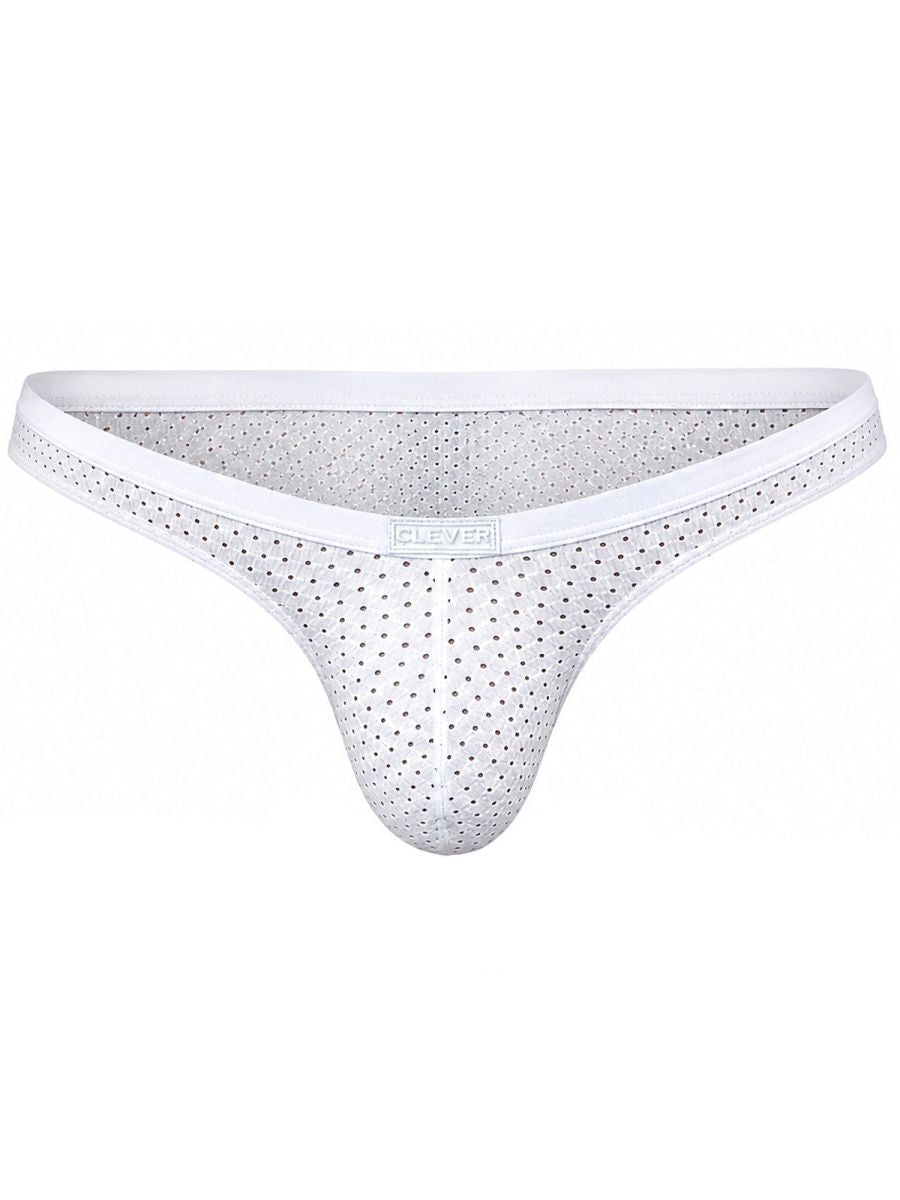 White mesh briefs with a solid waistband and a small logo patch on the front center.