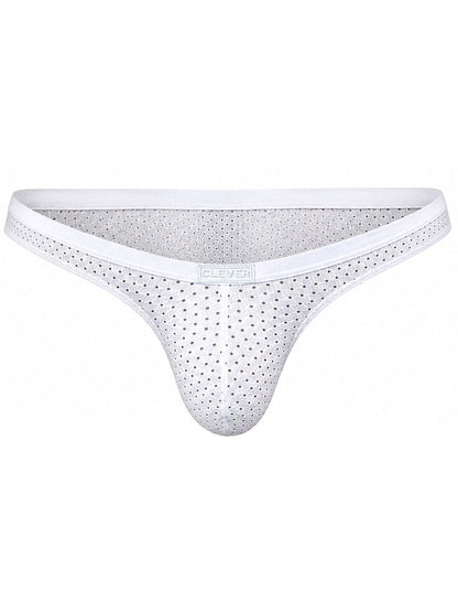 White mesh briefs with a solid waistband and a small logo patch on the front center.