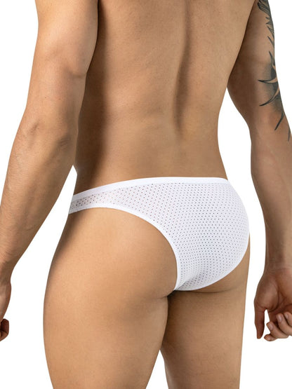 Rear view of a man wearing white mesh briefs.