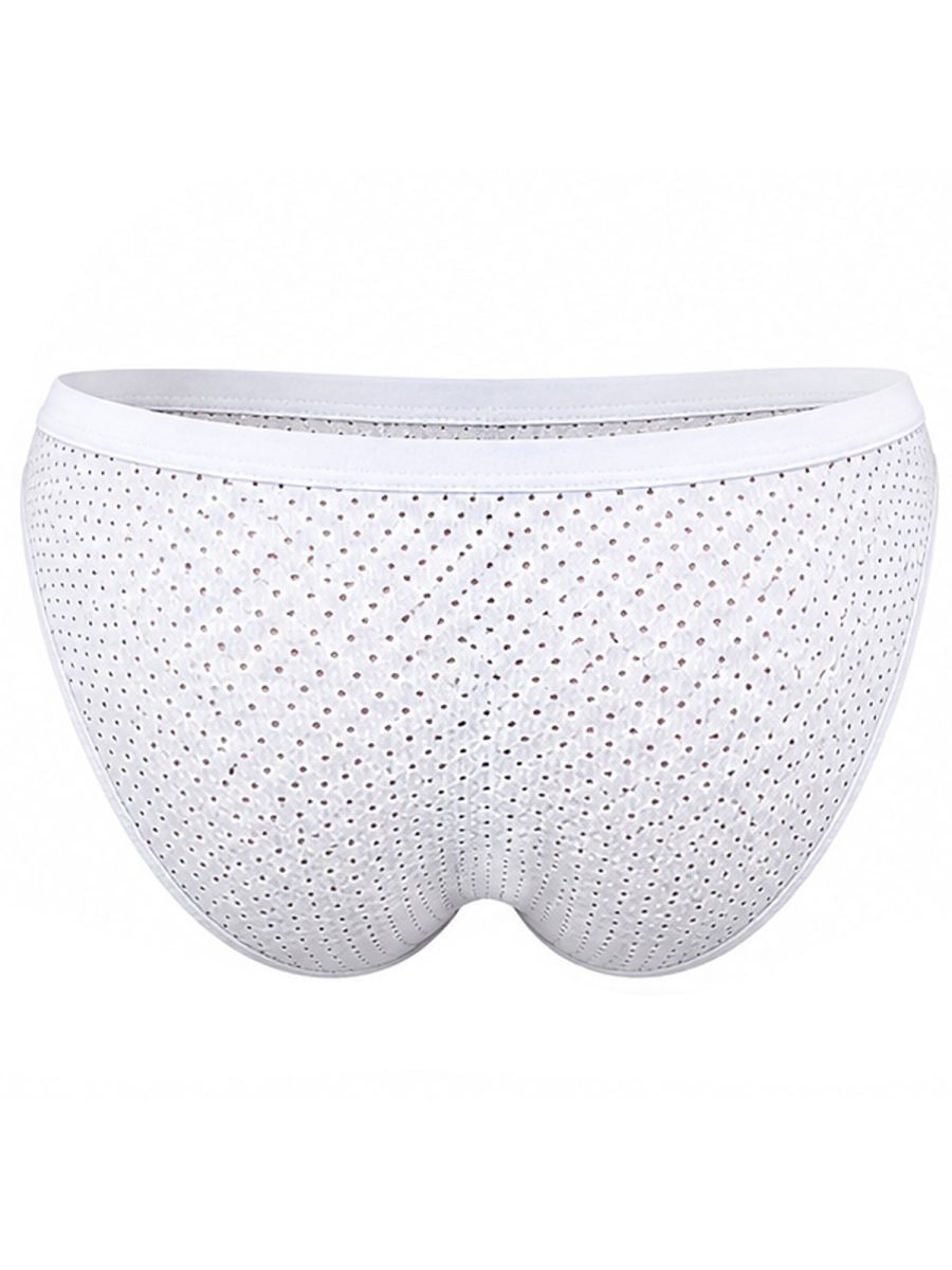 White men's briefs featuring a perforated mesh material and a solid waistband.