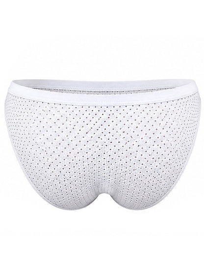 White men's briefs featuring a perforated mesh material and a solid waistband.