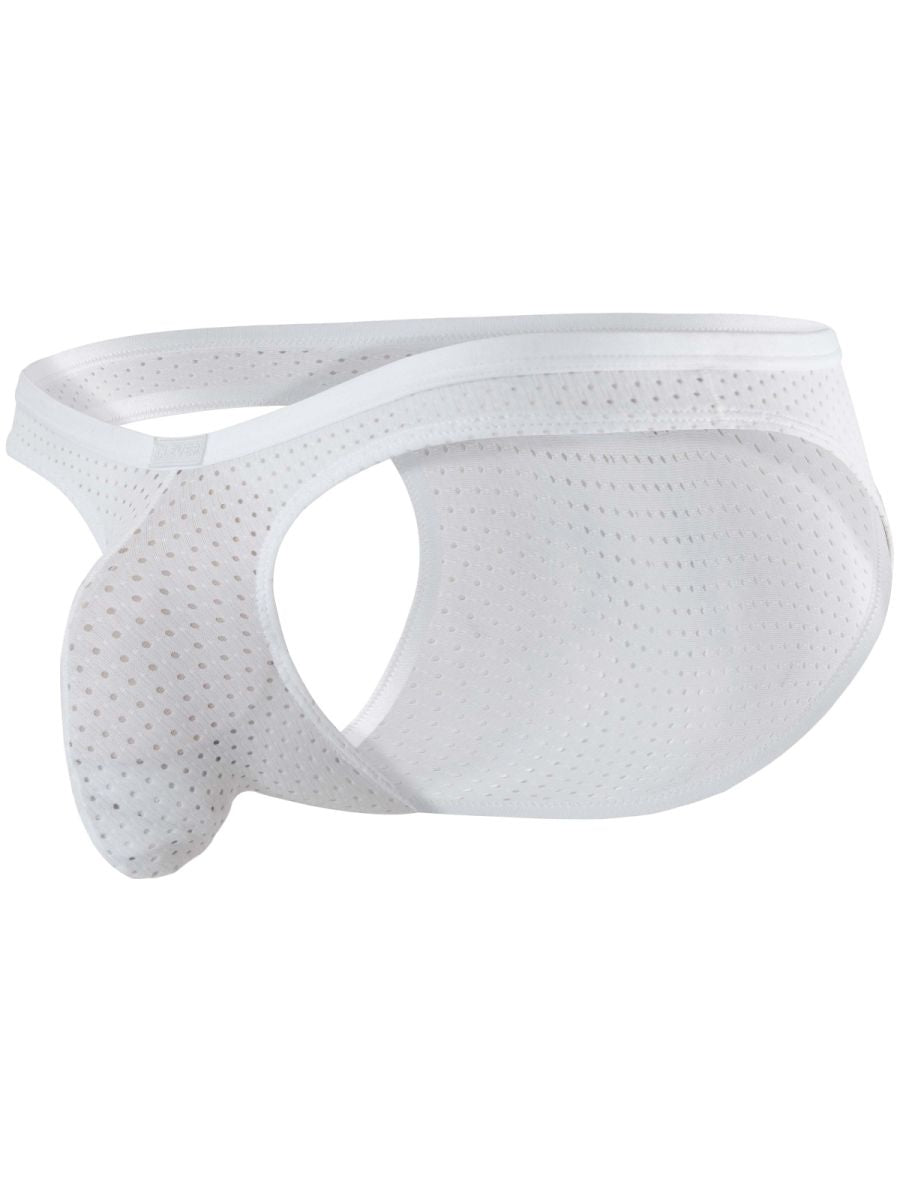 White mesh men's briefs featuring a minimalist cutout design and pouch front.