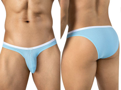 Front and back views of light blue mesh briefs with a white waistband on a model.