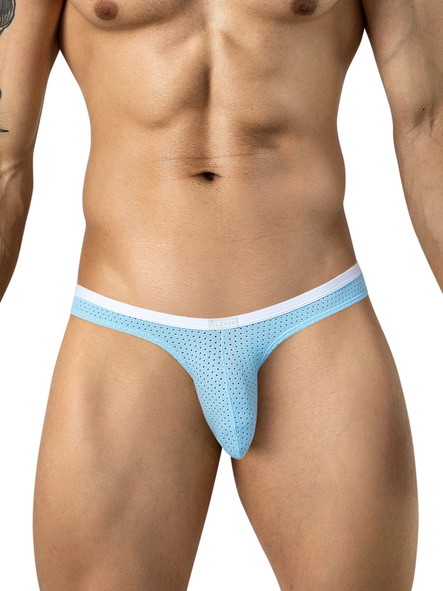 A man models light blue mesh briefs with a contrasting white waistband.