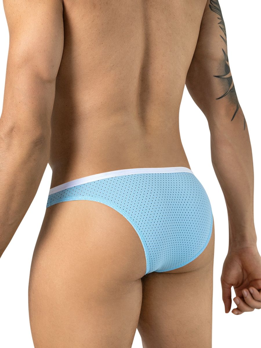 Rear view of a man wearing light blue mesh briefs with a white waistband.