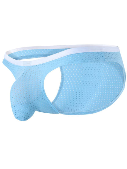 Light blue mesh men's briefs with a white waistband and supportive pouch front.
