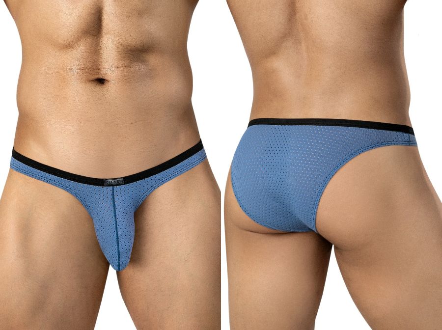 Front and back views of a man wearing steel blue mesh ergonomic briefs with a black waistband.