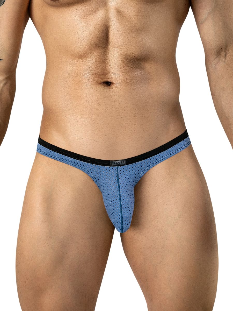 Clever Moda steel blue ergonomic briefs with mesh fabric and a black waistband worn by a man.