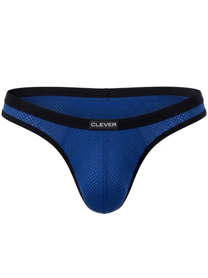 Steel blue mesh ergonomic briefs with black waistband and centered brand logo patch.