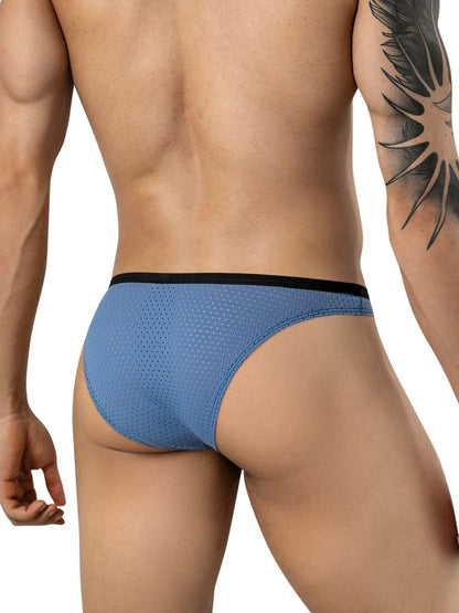 Rear view of a man wearing steel blue mesh briefs with a black waistband.