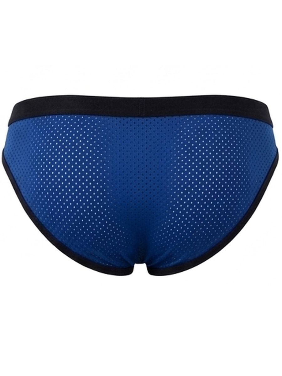 Rear view of steel blue mesh ergonomic briefs with a black waistband and trim.